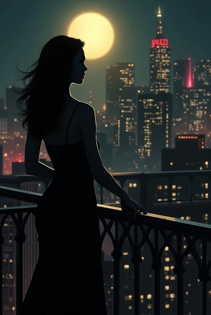 A gorgeous caramel-skinned Latina woman in an elegant low-cut dress on top of a building the dress is black the image has gray colors and white predominant an image without much color a half-gray image urban style clean style photography