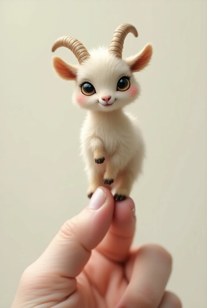 ChatGPT said:
ChatGPT
A little goat standing on a thumb would be a whimsical scene. The tiny goat, likely a baby or a miniature version, would be delicately balanced on the tip of a human thumb. Its small hooves would be just touching the surface, with its curious eyes looking around. The thumb would provide a sense of scale, highlighting the goat's tiny size. The background could be simple to keep the focus on this adorable interaction