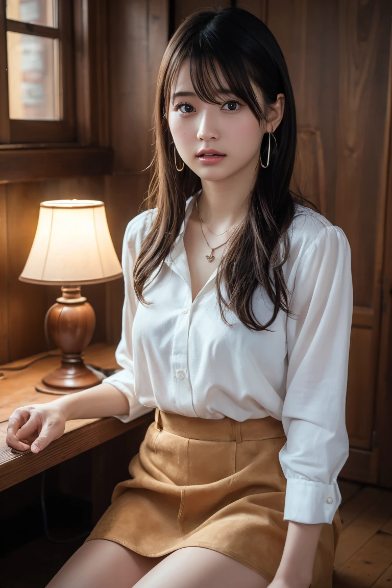 ((beautiful a girl:1.3)) ((In the hotel lobby:1.3)) ((Thin_fabric:1.4))((Her face is flushed and her hair is loosely curled.:1.2)) ((breasts:1.2)) ((close-up:1.2)) Best Quality,masutepiece,超A high resolution,(Photorealistic:1.4),Raw photo,(Authentic skin texture:1.3),(Film grain:1.3),the panorama,Character Portrait,Very Wide Shot,Narrow waist,Cowboy Shot,(In the Dark, deepshadow, lowkey, cold light,) Night,((loosely wavy hair:1.2)),Streaming Tears,,Dust,Tindall Effect,(expression),1girl in,beautiful detailed eyes and face,White Jabot,Brown eyes, ((Smile:1.3))((Long straight hair_Hair reaching down to the waist:1.3))、((Blouses and skirts, Wearing a silk blouse, wear a shirt and skirt:1.3)),