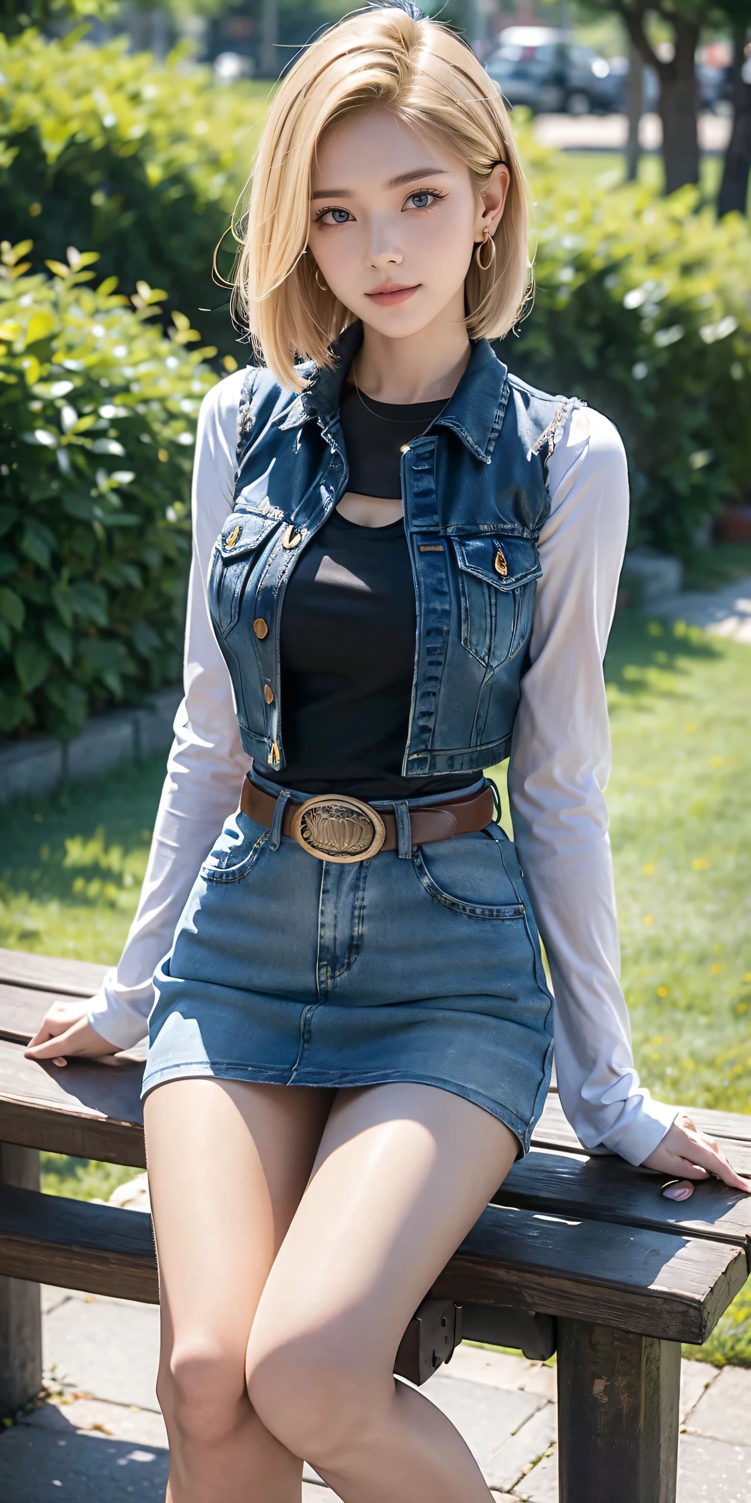 Android 18, Light Blonde hair, Medium Bob hair, Blue eyes, Wearing earrings, Long sleeves, Light blue denim mini skirt, The denim skirt on stitching clearly run vertically in a white dotted line all the way to the bottom of the denim skirt, Open-chested denim vest, Black T-shirt with high cleavage, Large breasts, Women's Western Cowgirl Belt, Dark brown see-through pantyhose, Western short boots, Looking at viewer, Slight smiling with closed lips sitting, On bench, She raised her right leg and gently placed the heel of her right boot on another very low bench in front of her, Blue sky, sit on a bench, outside, park, grass, Summer, trees, blue sky, high quality, masterpiece,