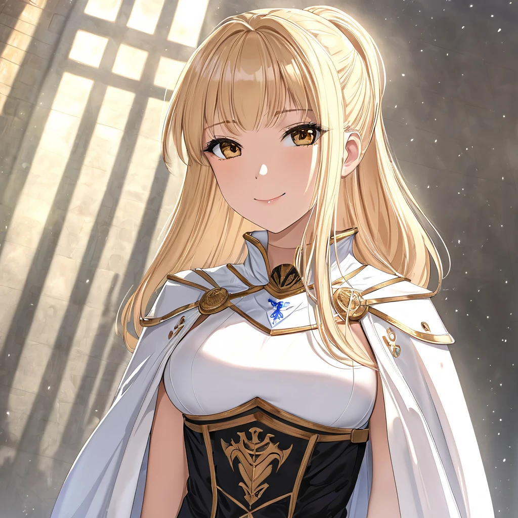 masterpiece,(1woman anime style solo),blonde hair,realistic contoured face,ponytail,glare,smile,closed mouth,(knight),detachable collar,cloak with a stand-up collar,collared neckwear,stand and collar wear,cape,arm sleeve,white gloves,(cowboy_shot),bare skin,collar bone,corset,belt,long slit skirt,perfect anatomy,anatomically correct,(very detailed eyes),Incredibly Absurd,beautiful detailed shadows,detailed eyes,Incredibly Absurd,complex detailed,high quality,Ultra High Resolution,8K,HDR,