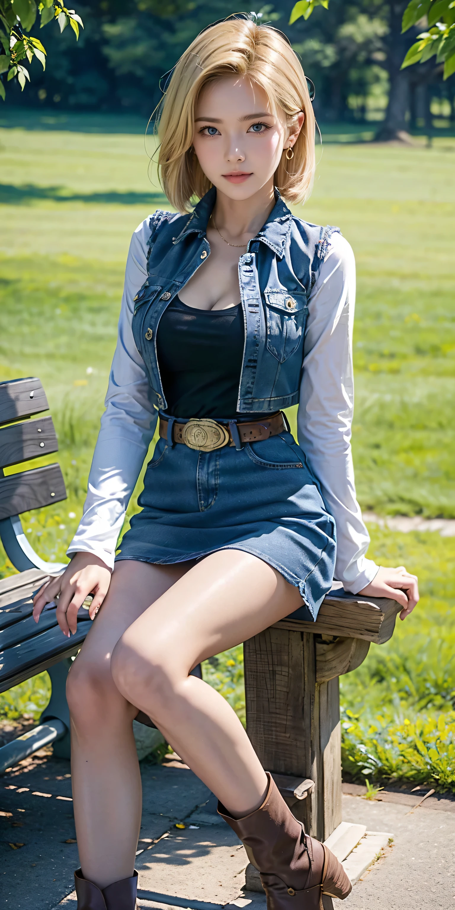 Android 18, Light Blonde hair, Medium Bob hair, Blue eyes, Wearing earrings, Long sleeves, Light blue denim mini skirt, The denim skirt on stitching clearly run vertically in a white dotted line all the way to the bottom of the denim skirt, Open-chested denim vest, Black T-shirt with high cleavage, Large breasts, Women's Western Cowgirl Belt, Dark brown see-through pantyhose, Western short boots, Looking at viewer, Slight smiling with closed lips sitting, On bench, She raised her right leg and gently placed the heel of her right boot on another very low bench in front of her, Blue sky, sit on a bench, outside, park, grass, Summer, trees, blue sky, high quality, masterpiece,