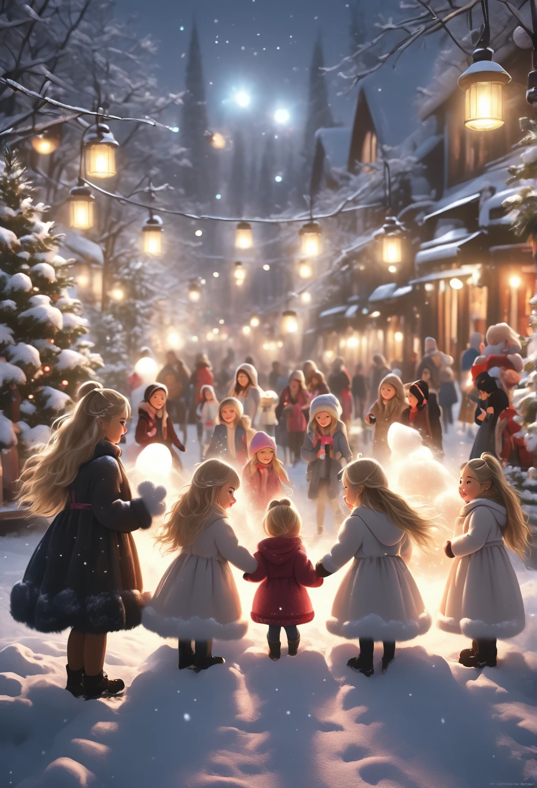  Realistic photo. realistic girls .  first girl older   (high,  long hair blonde ),  second girl medium  ( long blond hair),  third girl younger  (Asian,  long dark hair ) .  standing together outside on New Year's Eve.  girls wearing winter clothes of different colors,  fluffy mittens , coats ,  fur boots .  girls funny .  in the background of fir trees in the snow .  christmas lights .  Christmas market .  girls are happy and cuddling .  magical setting  .  lights glow in her hands