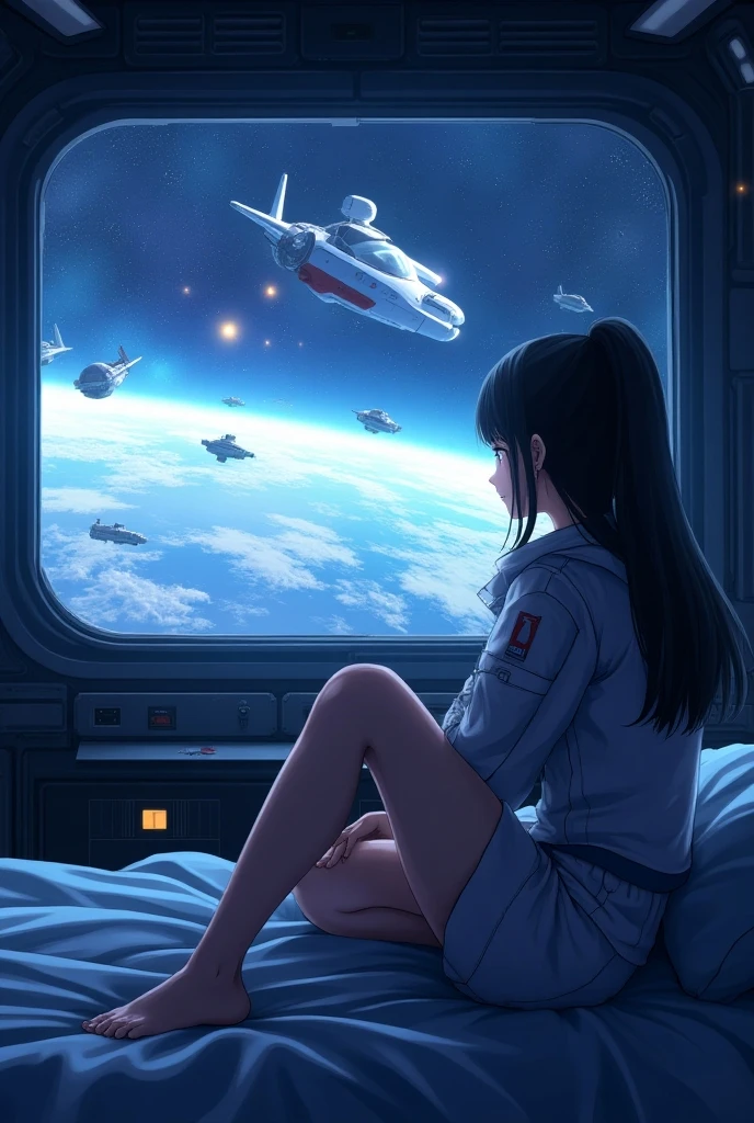 Japanese girl and milkyway, best quality, masterpiece, in starship, zero gravity, bottom less