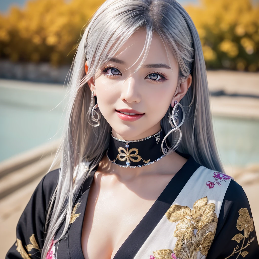 (8K,Photorealistic　RAW Photos　Highest quality;1.4) 1woman) 美しいSilver Hairの女神　(A vivid face)　(Tabletop, Highest quality, Photorealisticです, High resolution, :1.3), closeショット, Sharp focus, 1 カールしたSilver Hairのwoman, ヨーロッパ系woman, Hot Model, abdomen, Very detailed eyes with golden pupils, Realistic skin, Slim figure, Perfect body, Big breasts have cleavage, Very Fine Hair, Delicate and sexy face, sensory gas, Glossy Lips, ((She is wearing a beautiful black and gold dress and black and gold pants,Wear a pendant)), Outdoor, ((Realistic, 超Realistic, realism, Realistic詳細))　Beautiful expression　charm　(Realistic Skin)　超High resolution　超Realistic　Advanced Details　grassland, Flowers and beautiful mountains in the distance々々々々　Purple Earrings　Split Avemar Paladin　woman,超Realisticな肌,smile,close,Top view,Rich colors, Backlight, Cinema Lighting, Film Grain, 50mm lens, Nikon D850,超High resolution,Ultra-realistic,Compensate,Super sexy,Silver Hair,