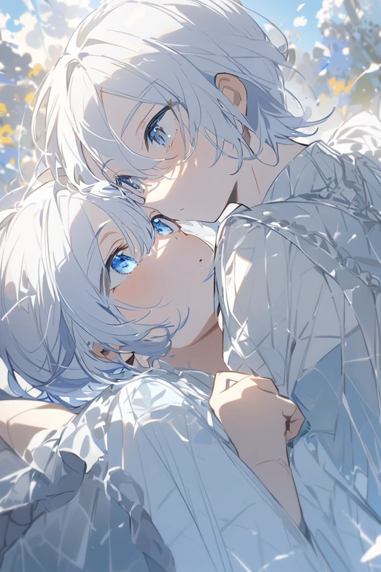 Two people　First person 、male　 cute　Shota　She has silver hair and blue eyes 　 short　　 second person 、male　Silver hair and blue eyes　Dignified　 short　 facing each other 　 kissing 