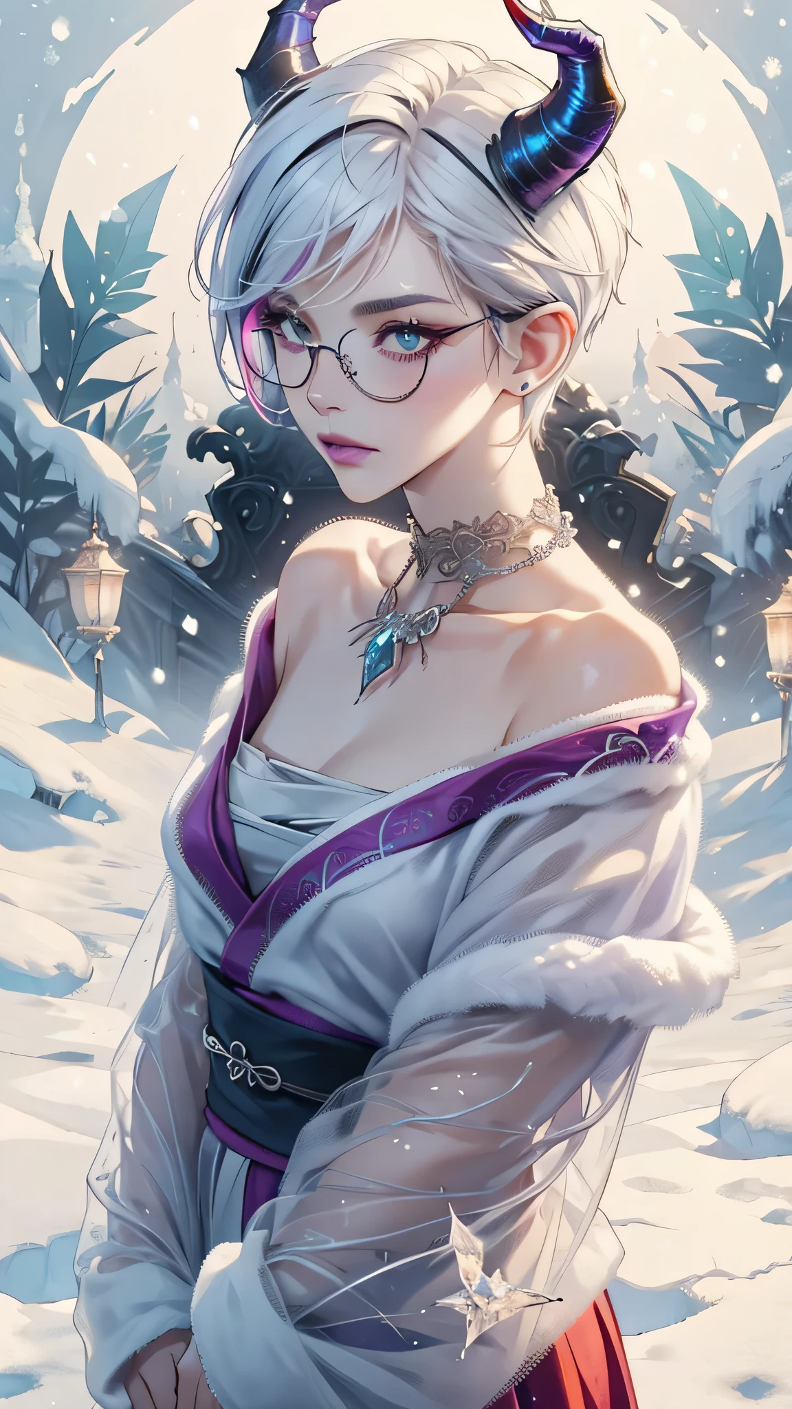 8k, masterpiece, best quality, highly detailed, 1 girl, devil, demon horns, warlock, pixie cut, white hair, multicolored hair, very short straight hair, red highlight hair on white hair, stippled hair, wearing glasses, round glasses, earrings, red eyeshadow, long eyelashes, blushed cheek, violet lips, pearl necklace, rings, collarbone, mole on face, glamorous, teal and purple kimono, expressionless, close up view, rings, looking at viewer, standing, frost, death, winter, snow strom, tundra, turning back, back facing viewer, looking over shoulder, exposed neck