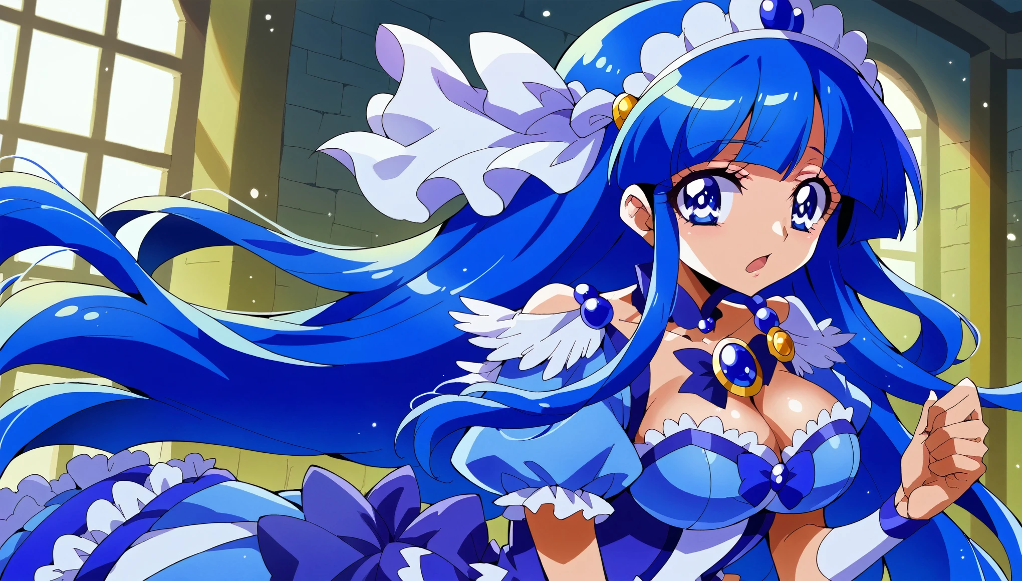 (( Top quality )), (( Masterpiece )), (Familiar with),  perfect face, Big eyes,  eyelash,  twinkling eye light  , (Prequel ), (cure beauty),  Lolita Dress, (  without skirt ), background, Prison cell, Long hair,  Blue Hair, Blue eyes, Pupil , Multicolored eyes,  big breasts ,