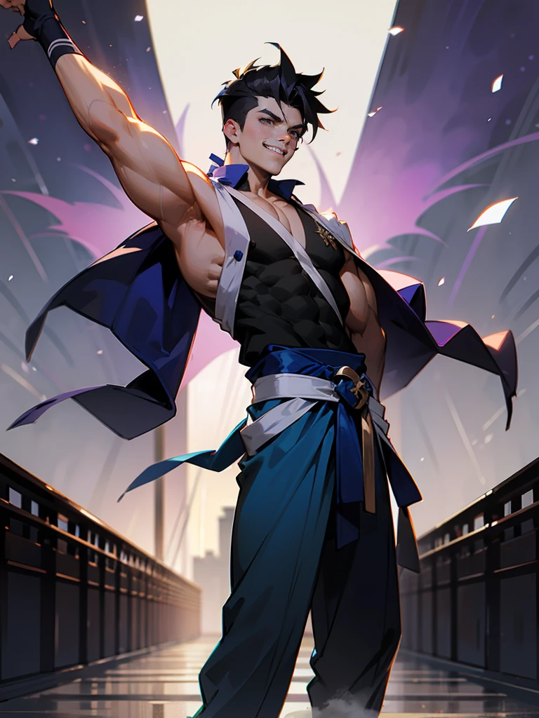 1male , Messy Black Hair , Modern Undercut Hair , Purple Eyes ,Muscular , White Sleeveless Yukata , Blue Sash Belt , Standing on path , Perfect lighting , Adult Male , Perfect Generation , Four Arms , Muscular , Evil Smile 