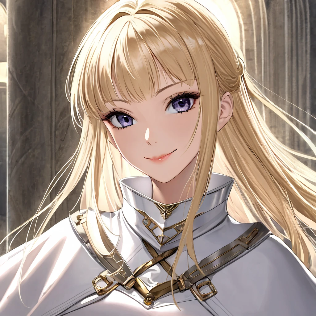 masterpiece,(1woman anime style solo),blonde hair,realistic contoured face,sharp face,sharp cheek,ponytail,glare,smile,closed mouth,(knight),detachable collar,cloak with a stand-up collar,collared neckwear,stand and collar wear,cape,arm sleeve,white gloves,(cowboy_shot),bare skin,collar bone,corset,belt,long slit skirt,perfect anatomy,anatomically correct,(very detailed eyes),Incredibly Absurd,beautiful detailed shadows,detailed eyes,Incredibly Absurd,complex detailed,high quality,Ultra High Resolution,8K,HDR,