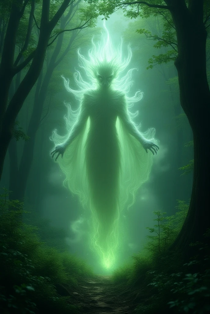 A glowing figure of a forest spirit standing at the edge of a dark clearing, its form ethereal and shimmering with light. The spirit's eyes are intense and piercing, and its expression is one of urgency. Around the spirit, the trees seem to bow slightly, as if in reverence, and the air is filled with a soft, otherworldly hum. The scene is filled with a sense of importance and foreboding, as the spirit delivers its message.