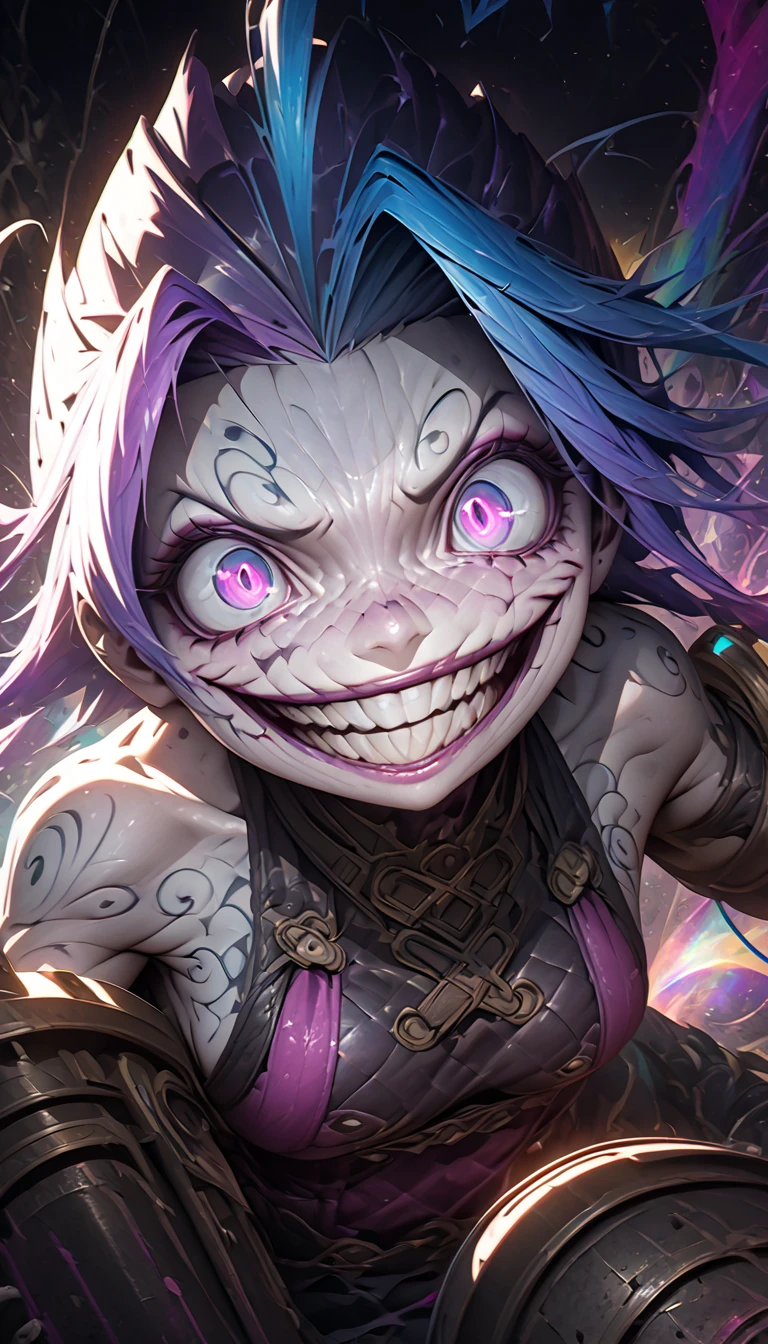 Jinx, a character from League of Legends, fighting with a huge cannon made of exposed mechanical parts, yandere, crazy smile, scary smile, evil smile, teasing smile, grin, lewd smile, malicious smile, creepy smile, big droopy eyes, huge mouth, rainbow disheveled wavy short hair, ahoge, blunt bangs, covered in tattoos, curvaceous, background galaxy, black cat and a bottle of gin, various effects, delicate and dynamic textures, contrasts of light and shadow, 2.5D, artistic photography, hyper realistic, digital graphic CG, BREAK ultra detailed, absolutely resolution, best quality