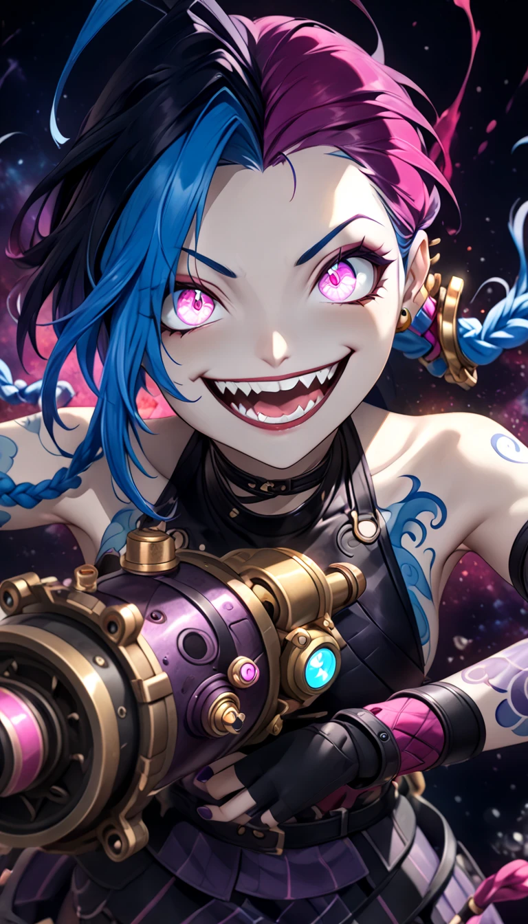 Jinx, a character from League of Legends, fighting with a huge cannon made of exposed mechanical parts, yandere, crazy smile, scary smile, evil smile, teasing smile, grin, lewd smile, malicious smile, creepy smile, big droopy eyes, huge mouth, rainbow disheveled wavy short hair, ahoge, blunt bangs, covered in tattoos, curvaceous, background galaxy, black cat and a bottle of gin, various effects, delicate and dynamic textures, contrasts of light and shadow, 2.5D, artistic photography, hyper realistic, digital graphic CG, BREAK ultra detailed, absolutely resolution, best quality