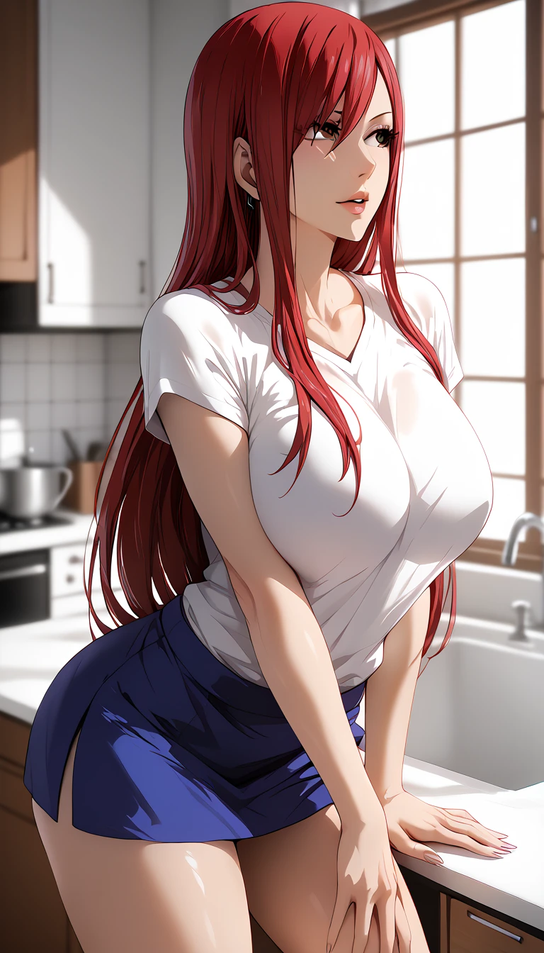 absurdres, High resolution, Super detailed, (mature woman1名:1.2),huge_breasts、unity 8k wallpaper,woman, Dynamism,forward leaning posture、intricate details,she looks away, Loose-t-shirt、mini skirt、Bright kitchen、Pure white room、Blurred Backgrounds, breasts、Leaning forward、((manga style , Fitgirl , Lineart , Standing , Normal pose , sensuous , Safe for work))、Having a conversation、Erza, red hair, fairy tail, manga erza Panel layout、1 page of the manga、