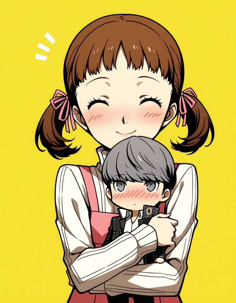 best quality,masterpiece, High resolution, 1girl, 1boy, yellow background, persona 4, nanako doujima, girl, brown hair, Flat Chest, twintails, brown eyes, short twintails, , dress, turtleneck, long sleeves, sweater, 1girl,nose blush, smile, closed eyes, pat head, hug, chibi, Flat Chest, BREAK narukami yu, boy, grey eyes,school uniform, black jacket, open jacket, long sleeves, white shirt, collared shirt, black pants, open eyes,
