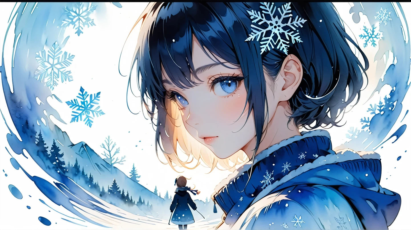 Masterpiece, highest quality, highest resolution, detailed depiction, beautiful, watercolor, ***の引きの画、引きの画、silhouette of a Nordic cute girl filled with snow,snowflake, double exposure, crisp lines, blue and white background, 4K graphics.