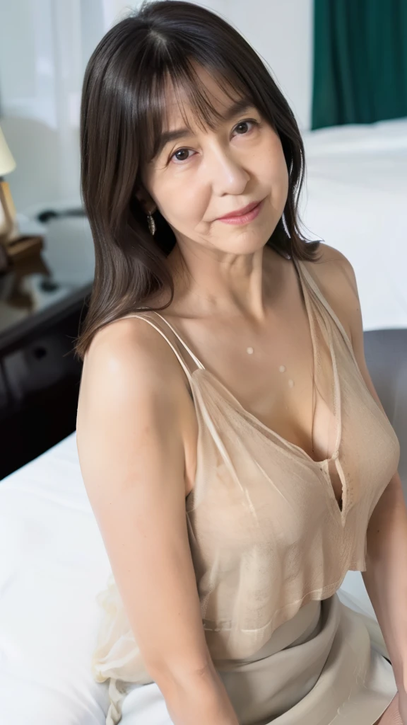 ((masterpiece))、((highest quality))、photograph、reality、High level image quality、Advanced depth of field、Super detailed、realistic lighting、married woman、30 generations、delicate features、short hair、Realistic background and accessories、big and soft breasts、sexy smile、captivating gaze、sexy lips、Bedroom、night、dark room、((An oversized grey shirt that fits snugly around your chest))、Loose cleavage、wide shot、引きphotograph、20mm wide-angle lens、