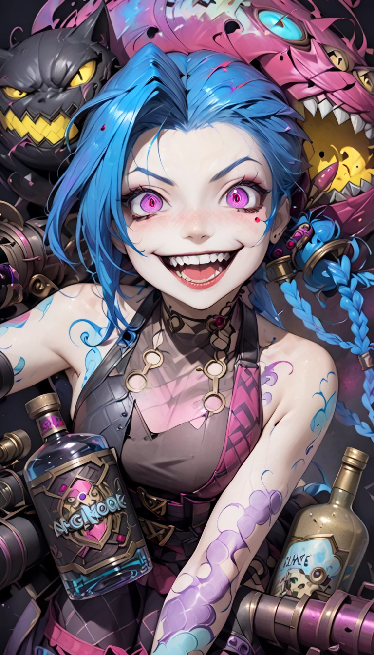 Jinx, a character from League of Legends, fighting with a huge cannon made of exposed mechanical parts, yandere, crazy smile, scary smile, evil smile, teasing smile, grin, lewd smile, malicious smile, creepy smile, big droopy eyes, huge mouth, rainbow disheveled wavy short hair, ahoge, blunt bangs, covered in tattoos, curvaceous, background galaxy, black cat and a bottle of gin, various effects, delicate and dynamic textures, contrasts of light and shadow, 2.5D, artistic photography, hyper realistic, digital graphic CG, BREAK ultra detailed, absolutely resolution, best quality