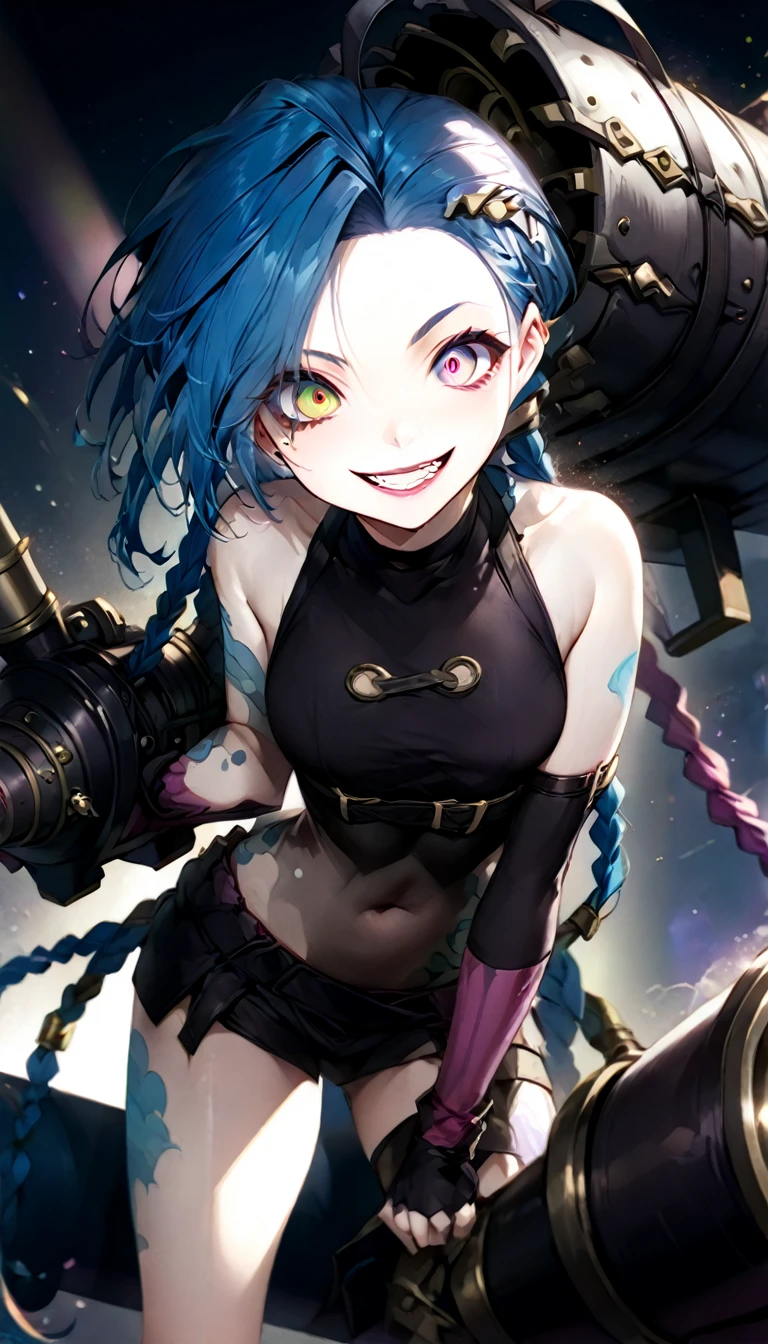 Jinx, a character from League of Legends, fighting with a huge cannon made of exposed mechanical parts, yandere, crazy smile, scary smile, evil smile, teasing smile, grin, lewd smile, malicious smile, creepy smile, big droopy eyes, huge mouth, rainbow disheveled wavy short hair, ahoge, blunt bangs, covered in tattoos, curvaceous, background galaxy, black cat and a bottle of gin, various effects, delicate and dynamic textures, contrasts of light and shadow, 2.5D, artistic photography, hyper realistic, digital graphic CG, BREAK ultra detailed, absolutely resolution, best quality