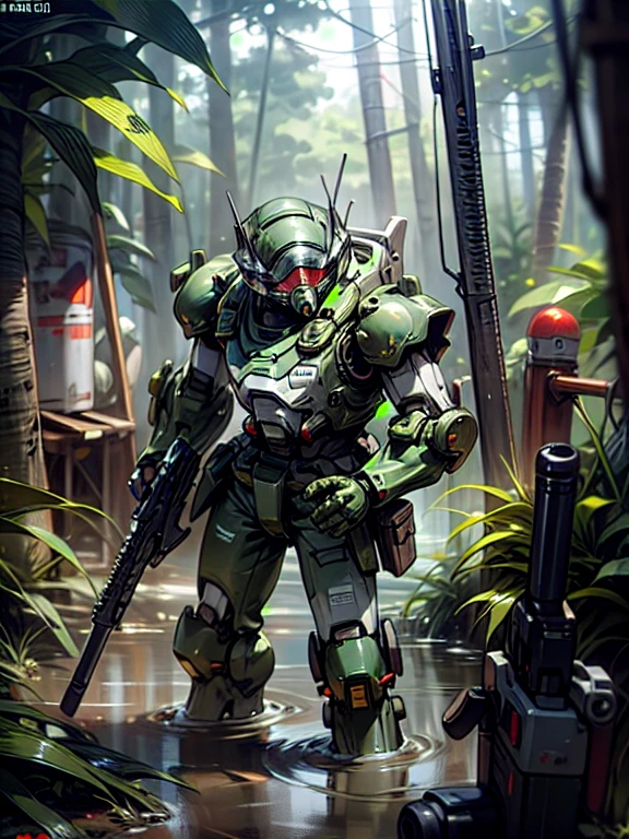 (Hyper Extreme detailed),(  Masterpiece ),(Hyper Extreme),( photorealistic),( Jungle, Swamp),((( hold a gun , Be alert to your surroundings))),CG,Illustration,novel iIllustration,Far away２body, Armor_Trooper