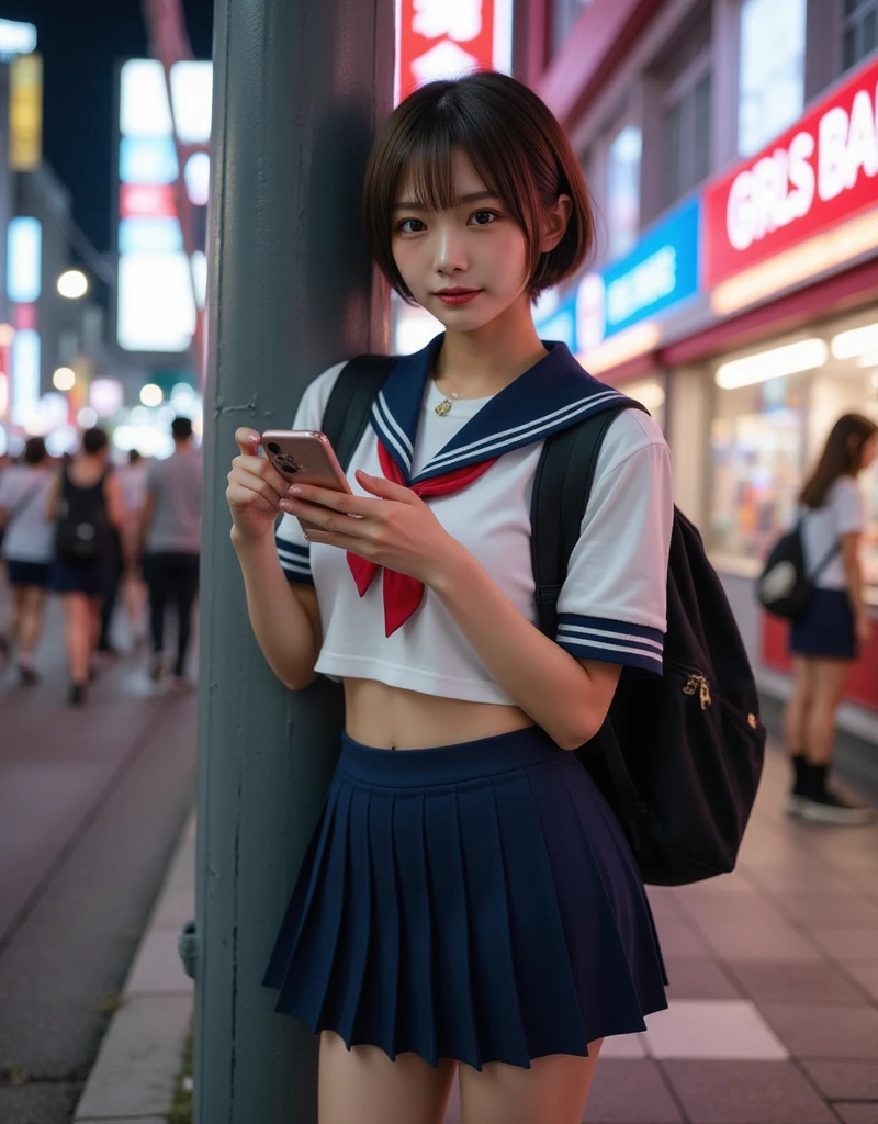 Perfect composition, Proper placement, Golden Ratio, masterpiece, Best Quality, Front View:1.331,  A beautiful Japanese woman is standing in front of a convenience store , 10th generation women,  leaning against a telephone pole , Talking on iPhone , Squirm,  She's a famous supermodel,  anatomically correct ratio :1.331,  has a small head :1.331, Slender body:1.331,  thin waist:1.331, Thin limbs:1.331,  flat chest:1.331,  Japanese high school sailor suit :1.21, Short sleeve clothing,  white short sleeve sailor suit:1.21, sera fuku:1.21, Red ribbon on uniform,  navy blue miniskirt ,  I can see her belly button , School backpack :1.1,  Leaning against a telephone pole ,  anatomically correct ratio ,  has a small head茶色の髪,  pixie cut hair :1.21, In the downtown area, 夜のガールズバーの前で,  background is blurry, Countless passers-by,  pink and green neon lights are reflected in front of the girls bar at night,  dynamic lighting,  Expression of Absolute Beauty ,