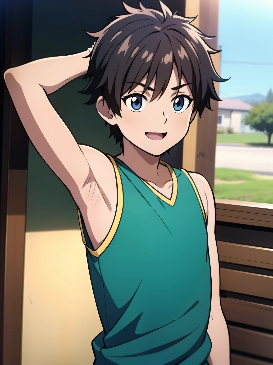 Highres, Masterpiece, Best quality at best,Best Quality,hight quality, hight detailed, Anime style, 1boy, Boy, Shota, Solo person, hansome, Messy hair, Sleeveless vest, tie, Upper body, cafe, Laugh, Slim body, Blurry beckground, Seen from the front, (Showing armpit:1.3), (**** young boy), (very small and short body), Uhd