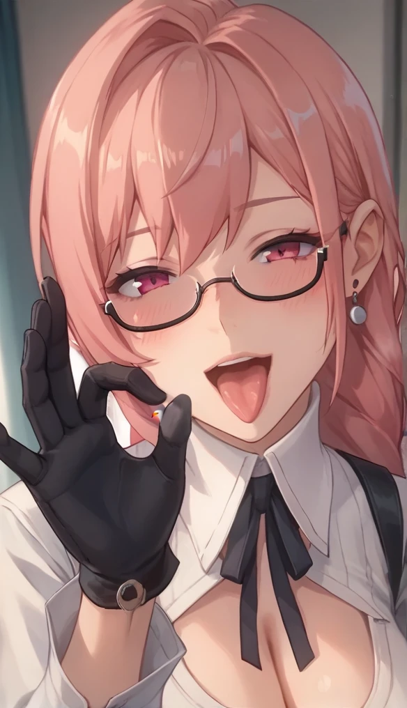 anime style, upper body, beautiful woman, beautiful body, mature, Yanagi, cleavage, sexy pose, in one room, fellatio gesture, open mouth, tongue, gloves, looking at viewer, glasses, blush, seductive look, seductive smile, black underwear, 8k, best quality, wallpaper