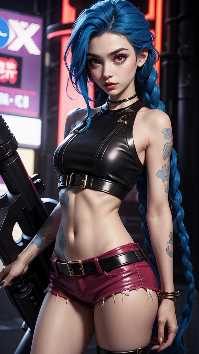 there is Jinx League of Legends standing, long blue platted hair, nice ass, thigh high boots, 3 d neon art of a woman's body, neon-noir background, cyberpunk femme fatale, seductive cyberpunk dark fantasy, cyberpunk strip clubs, cyberpunk 20 y. o model girl, oppai cyberpunk, banner, high definition cgsociety, cgsociety masterpiece, trending on cgstation, kda, random hair, looking at camera, gigantic breasts, cleavage, (high detailed skin:1.2), 8k uhd, dslr, super lighting, high quality, film grain, high res, highly detailed, hyper realistic, beautiful face, beautiful body, beautiful eyes nose lips, alluring expression, very bold, upper visible, full body photo, standing legs apart, pale translucent glowing skin, most beautiful face, cute, (well defined pubic hair:1.2)), (dark plain black background:1.4))