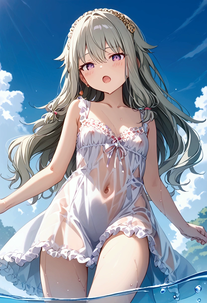 High image quality 、masterpiece、  High Quality 、Full HD、4K 、 viewed from below、Kusanagi Nin々、Silver long hair、Tie the ends of the hair with a string 、Purple Eyes、 Sleeveless Plain White Dress、 Simple Dress、Thin shoulder straps、 show me your thighs、Show me your side、Show me your collarbone、Small breasts、The area around the nipple is transparent、blush、 makes your cheeks red、Red blush on cheeks、 shy 、 open your mouth 、 raise my hands and place them on my chest 、Stand in the pool 、I can see the school in the background 、Wet with water、water droplets