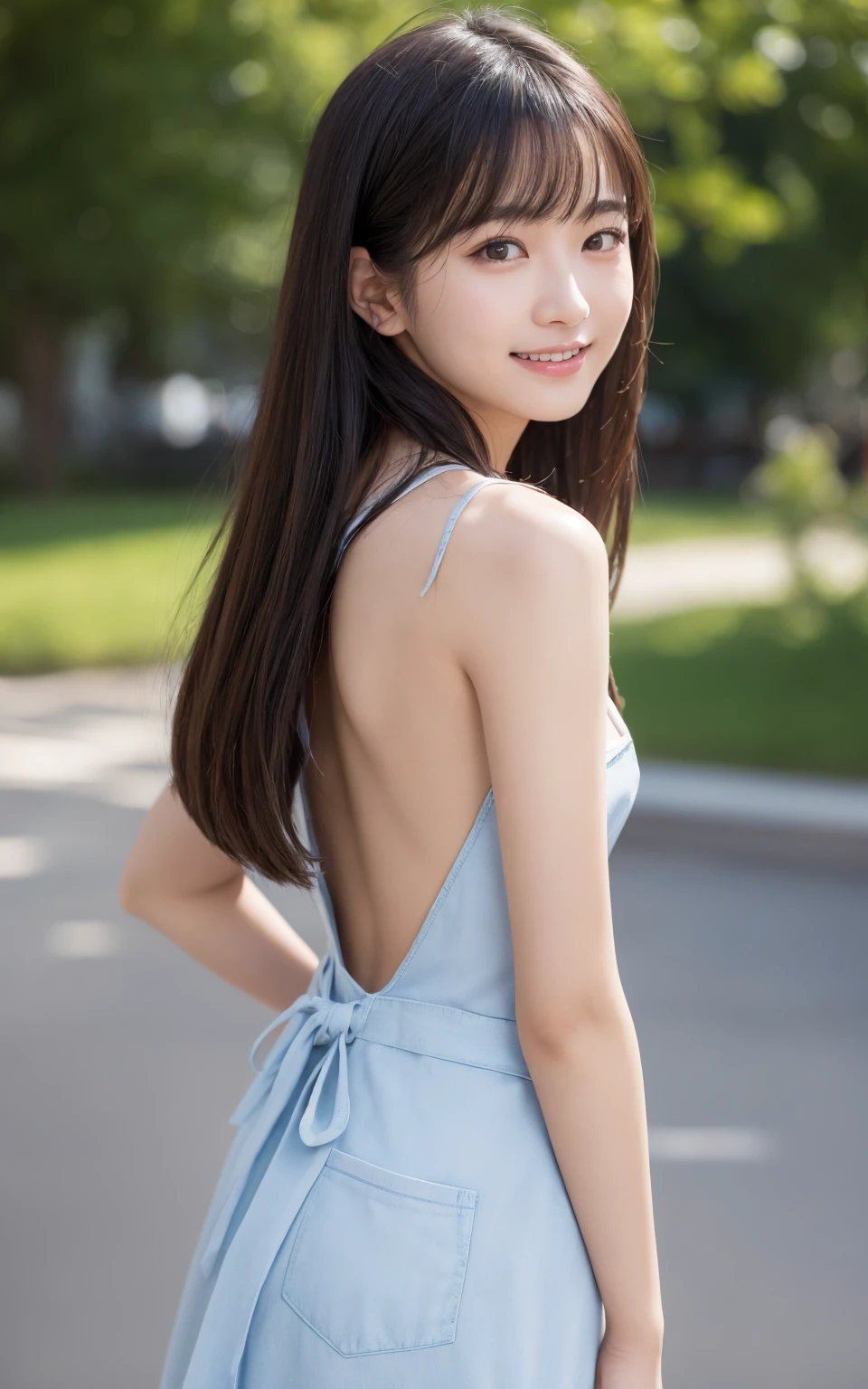 （8k、live-action、Original photo、Best Quality、masterpiece：1.2),(Front lighting:1.2),(( perfect lighting)),(濡れたhair),  watching viewers, Standing Poses, smile,18 years old,student,White skin,knees, small face,前hairを真ん中から分けます、 forehead visible , skinny,skinny)、masterpiece,Best Quality、超A high resolution,One person, solo, close-up shot 、cute、Back to Students,(navy blue nude apron:1.3),High school student, Japanese woman with a viewing angle of,（フォト real：1.37）、 photon mapping, realistic、cute small face, Brown Eyes 、prospect、 depth of field、 blurry background、 real,(前hairが見える), hair,(Nogizaka Idol), actress、 big, rich breasts、 cleavage、 shows shoulders, Super Fine、7 heads、(Skin with visible pores:1.2)、(Focus on the face)、Natural neck、 check and fix the skeleton