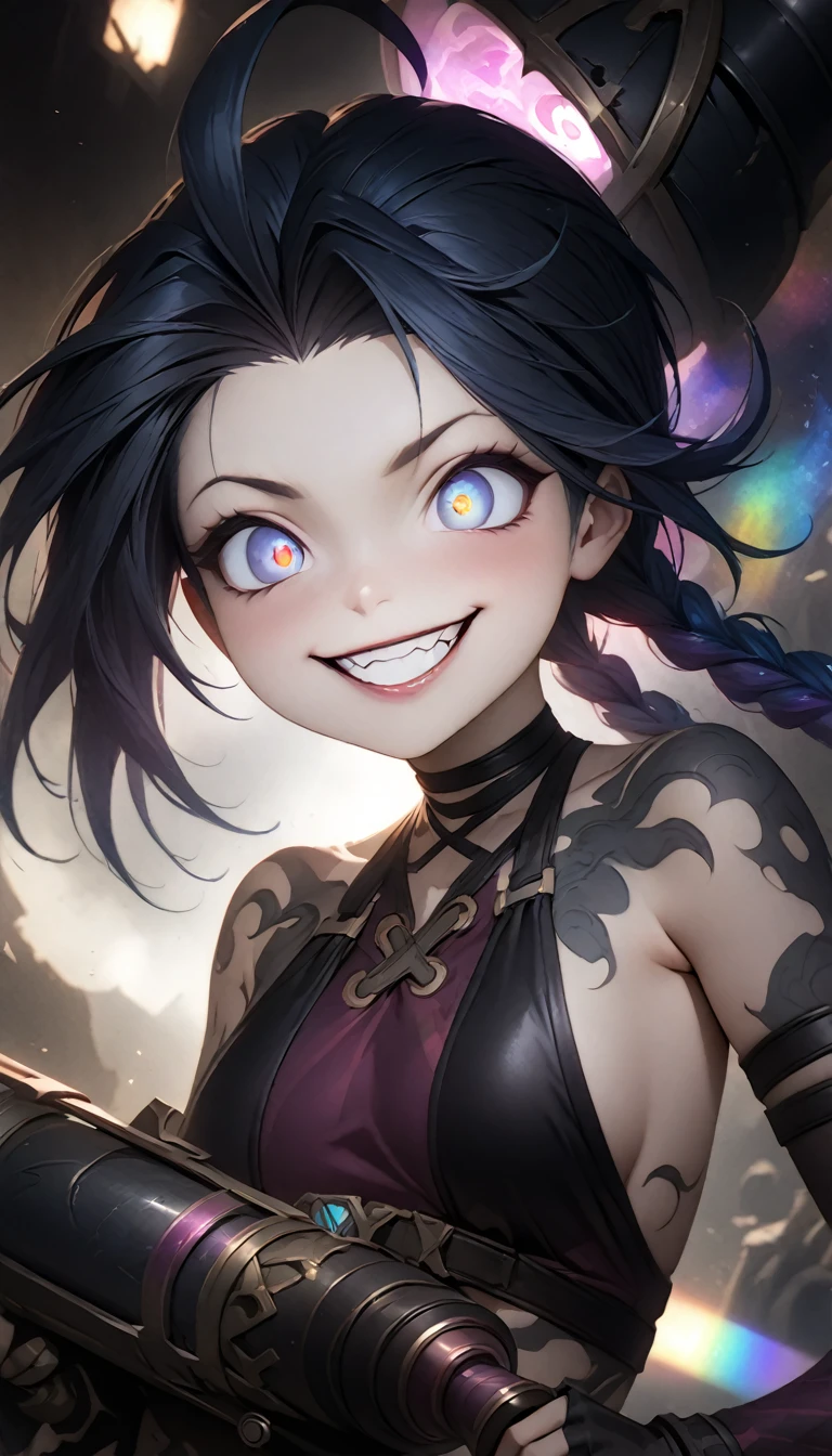 Jinx, a character from League of Legends, fighting with a huge cannon made of exposed mechanical parts, yandere, crazy smile, scary smile, evil smile, teasing smile, grin, lewd smile, malicious smile, creepy smile, big droopy eyes, huge mouth, rainbow disheveled wavy short hair, ahoge, blunt bangs, covered in tattoos, curvaceous, background galaxy, black cat and a bottle of gin, various effects, delicate and dynamic textures, contrasts of light and shadow, 2.5D, artistic photography, hyper realistic, digital graphic CG, BREAK ultra detailed, absolutely resolution, best quality