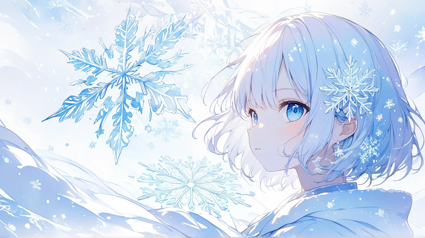 Masterpiece, highest quality, highest resolution, detailed depiction, beautiful, watercolor, 女の子の引きの画、引きの画、silhouette of a Nordic cute girl filled with snow,snowflake, double exposure, crisp lines, blue and white background, 4K graphics.