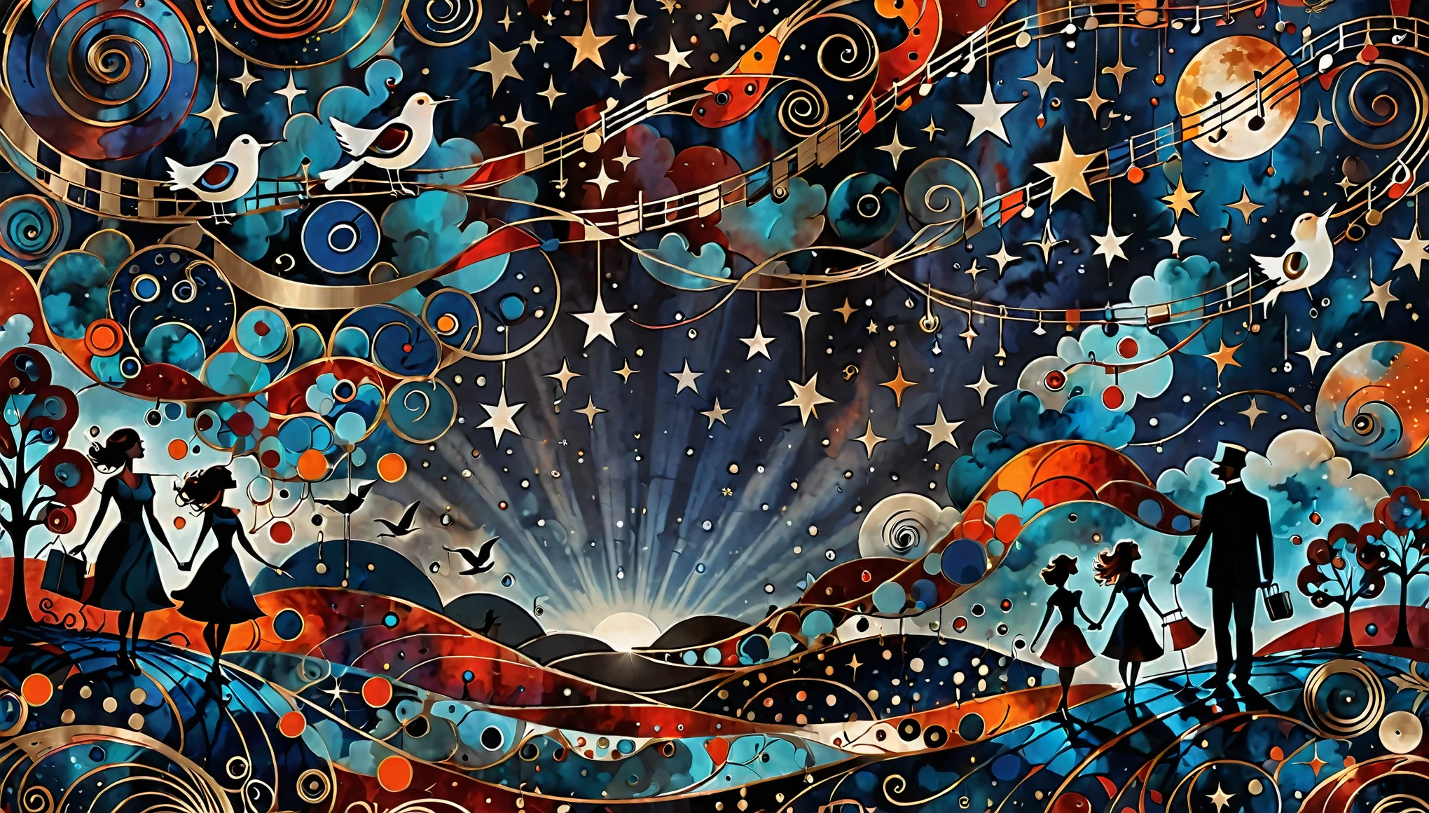 A retro, vintage-inspired abstract illustration inspired by Ego Wrappin' CD jackets. Maximize dark colors and use warm accents such as blue, red, and orange to create a dreamlike atmosphere. Like a silhouette. There are floating figures, birds, clouds, musical notes, etc., but it is drawn in an abstract manner that blends vaguely into the overall image.It also includes silhouettes and elements of a night sky studded with stars. The composition uses hand-drawn wind lines and analog textures to give it a poetic and mysterious feel.