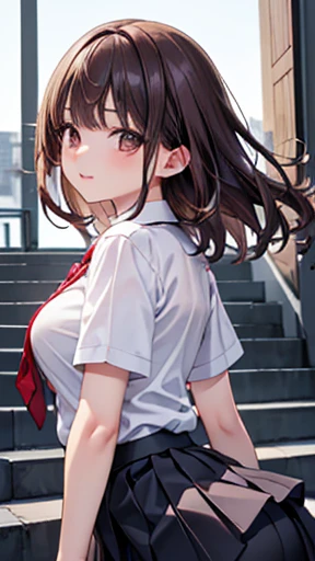 ((table top, highest quality, High resolution, nffsw, perfect pixel,  4K, nffsw, nffsw))), 1 girl, single, alone, beautiful woman、I could see the whole body、 ((short length wavy hair, bangs, brown hair)), ((brown eyes, beautiful eyelashes, realistic eyes)), ((detailed face, blush:1.2)), ((smooth texture:0.75, realistic texture:0.65, realistic:1.1, Anime CG style)), medium breasts, dynamic angle, perfect body,  ((red bow tie, , , white shirt, black skirt, plaid skirt))、station stairs、the wind is strong、Very embarrassing panic smile、I can see her ass sticking out in front of me..............、leaning forward、emphasize the chest、Angle looking up from the bottom of the stairs、 (the wind lifted my skirt、touch your skirt with both hands、、I can see all of your butt、light pink floral panties)、
