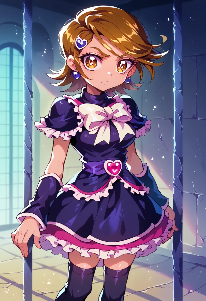 (( Top quality )), (( Masterpiece )), (Familiar with),  perfect face, Big eyes,  eyelash,  twinkling eye light  , (Prequel ), (cure black), Loli Dresses, (  without skirt ), background, Prison cell, Short hair,  brown hair, Golden eyes, Pupil , Multicolored eyes,  big breasts , Long black stockings