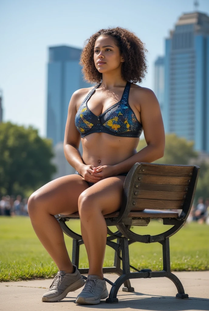 A fit, curvy, and beautiful female athlete performs explosive step-ups on a park bench, with a vibrant city skyline in the background. She wears decorated running shorts with side-cut, showcasing her athletic form. The camera captures her powerful movements as she sits on a chair with intensity, highlighting her strength and agility. The focus is on the intensity with sweat glistening under the sun, emphasizing her effort and determination. The scene is well-lit, highlighting her physique and the dynamic nature of her workout, (((thick voluptuous thighs))), (((massive thick thighs))),missagot