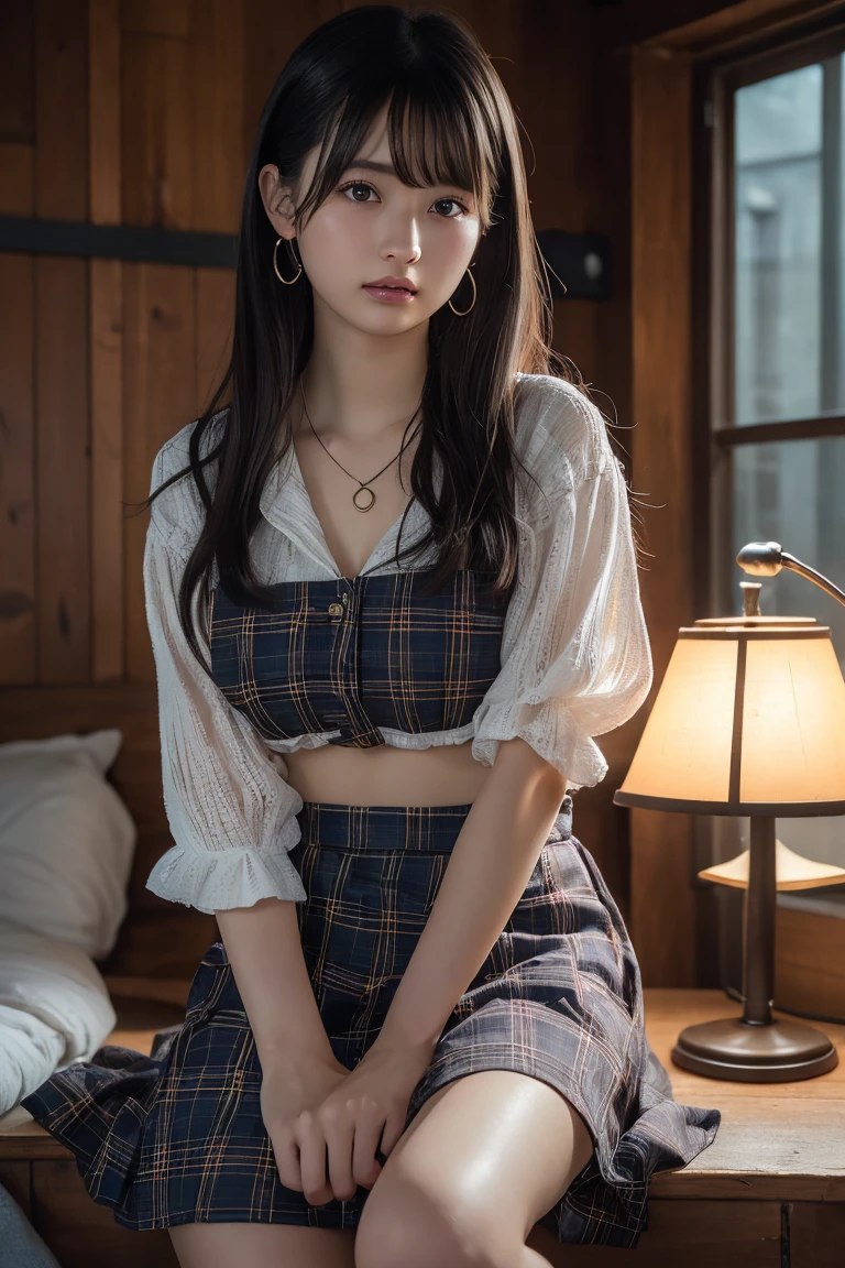 Raw photo, highest quality, masterpiece:1.2), highest quality, figure, Very detailed, Fine details, High resolution, wallpaper, Perfect dynamic composition, (Detailed high quality, Realistic depiction of eyes:1.3)、A woman who has been and has her hands tied、Arms wrapped around his back, hands tie behind back, Put duct tape over your mouth、Inside a beautiful hotel room at night、Sitting in a chair、Outside the window is a night view、 With legs wide open、(White panties、Panty shot)、Blue Short Sleeve Blouse、(Tartan plaid pleated skirt)、whole body、The whole thing faces forward、21Talented talent、Beauty、Well-formed face、Make your eyes even、Beautiful black hair、Has bangedium build、Well-balanced proportions、Beautiful legs、Fresh face、Beautiful scenery、, Surrealism, cinematic lighting, first-person view, f/1.2, Nikon, cowboy shot, 8k, masterpiece, 8k, UHD, award winning, best quality, highres