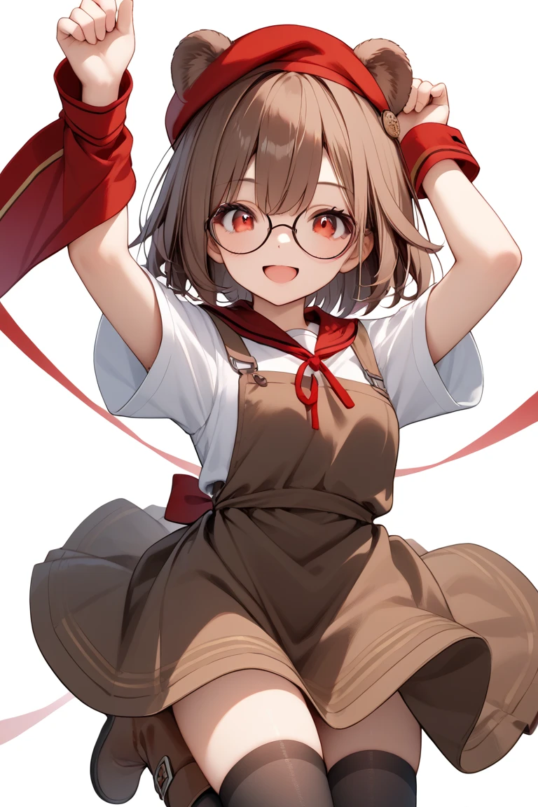 score_9, score_8_up, score_7_up, source_anime, 1girl, solo, brown bear ears, bear girl, raise both arms and jump, brown hair, short bob,animal ear fluff, open mouth, looking at viewer, thighhighs, smile, blush, bangs, red beret, black tights, brown boots, round glasses, skirt, shirt, red ribbon neck, White long-sleeved blouse, brown apron, red eyes, brown skirt, red eyes, white background,