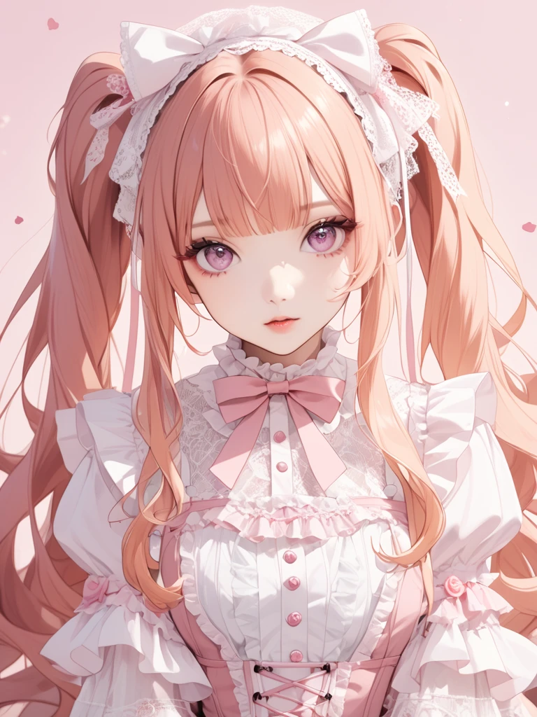 A beautiful girl with long Blonde hair, twin tails and a ribbon on her head. She is wearing a pink　and　white　gothic ****ta outfit with lots of lace . Cute and beautiful.