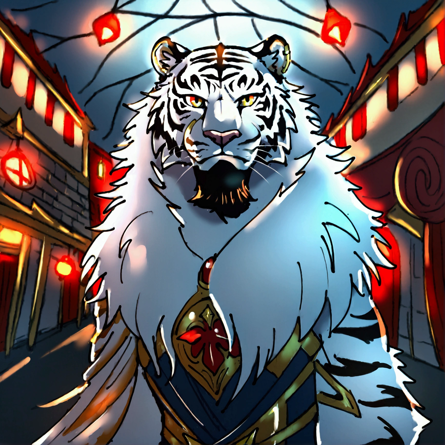 Composition: A majestic White-haired tiger stands tall on Guzhen Street, its white fur glistening in the bright light as it walks forward. The camera frames the scene from a low angle, emphasizing the tiger's power and dominance. The subject is centered, with the samurai sword wrapped around its waist adding an air of mystery. The pectoral muscle flexes subtly beneath the open costume, reminding us of the tiger's raw strength. Lighting: Soft, warm light illuminates the scene from above, accentuating the tiger's fur and the contrast between its white coat and the dark background. Key focus: The tiger's piercing eyes seem to connect with the viewer, drawing attention to its powerful gaze. Overall mood: Mysterious, powerful, and majestic.furry