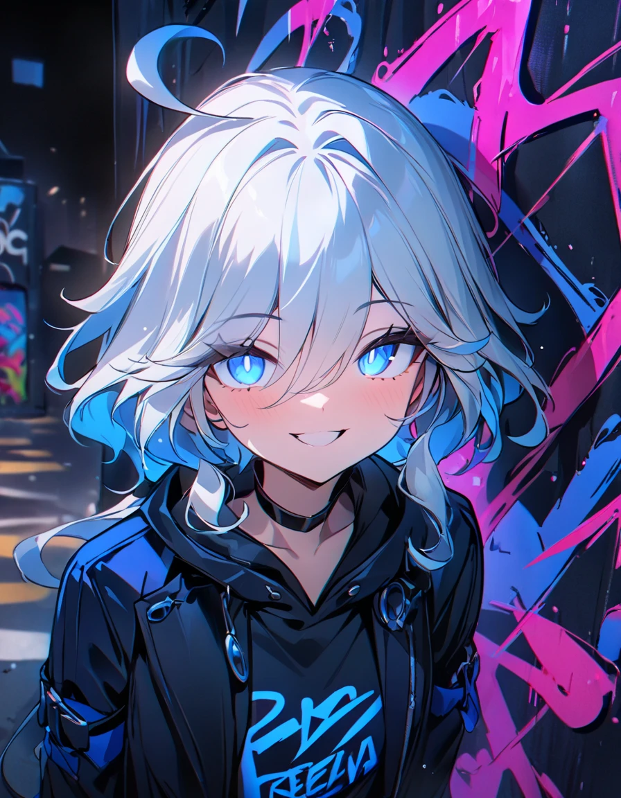 masterpiece, Best Quality, 8k, detailed background , masterpiece, Best Quality, smile,  t I ,  HOODIE, Portraiture, Neon Blue, graffiti, dark, night, Shining Eyes,  Black Light,Freena