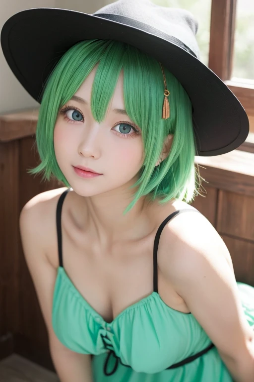 (UHD, retina, masterpiece, accurate, anatomically correct, textured skin, super detail, high details, high quality, best quality, high res, 1080P, HD, 4K, 8k, 16k), (beautiful detailed eyes, beautiful detailed lips, extremely detailed eyes and face), soft lighting, physically-based rendering, vivid colors, (((large breasts:1.6))), (witch hat, black dress, pendants), (portrait, shiny hair, shiny skin, blush), (bokeh), eye reflection, (smile and laugh:1.5), (lime green hair, sit:1.2), (green juice:1.5),