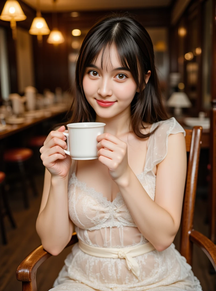 masterpiece, best quality, ultra-realistic, close-up shot, cute young woman, Korean idol, heart-shaped face, large almond eyes, silky black hair styled in loose waves, small rosy lips, gentle smile, (wearing vintage polka dot dress:1.3), holding a cup of coffee near her lips, retro café background with warm lighting, detailed facial features, soft shadows, 85mm lens, (Shallow depth of field), fashion photography, nostalgic vibe