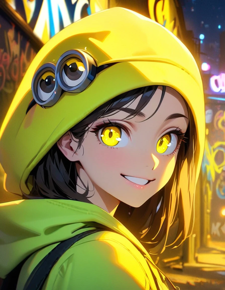 masterpiece, Best Quality, 8k, detailed background , masterpiece, Best Quality, smile,  t I ,  HOODIE, Portraiture, Neon Yellow, graffiti, dark, night, Shining Eyes,  Black Light,minion