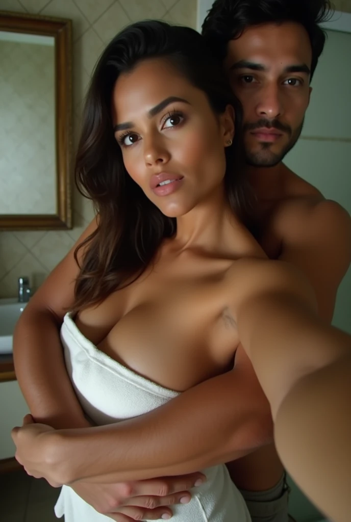a beautiful malay woman, plump, natural big breasts, chest covered with towel, wet body, water droplet all over the body, messy tied hair, hug by a handsome man from behind, selfie in the bathroom, look at the viewer, natural light, realistic photography, wide angle shot, detailed facial features, photorealistic, high quality, 8k, masterpiece