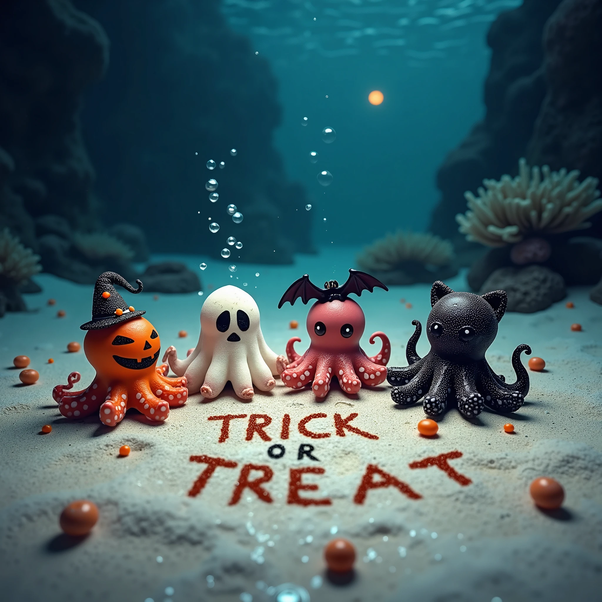 Small octopuses are playing around with mimicking various Halloween items: a little octopus mimicking a jack-o'-lantern. a little octopus mimicking a skull. a little octopus mimicking a ghost. a little octopus mimicking a black cat. a little octopus mimicking a mummy. a little octopus mimicking a bat. a little octopus mimicking a witch. too. The beautiful white ocean floor is littered with candy and chocolate. Flag garlands, Beautiful coral reefs, beautiful clear blue night sea, clean shiny colorful bubbles, stars illuminating the surface of the water.The words “TRICK or TREAT!” are clearly written on the ocean sand. cute but realistic picture. close up shot of octopuses. happy warm atmosphere
