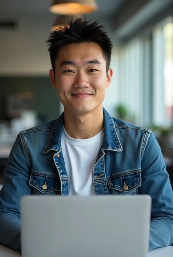 ((realistic daylight)) , Young Korean man in a black sports shirt only, no stripes. ,Jeans, A handsome, muscular young Asian man looks at the camera. , In a computer shop ,turn sideways, smile