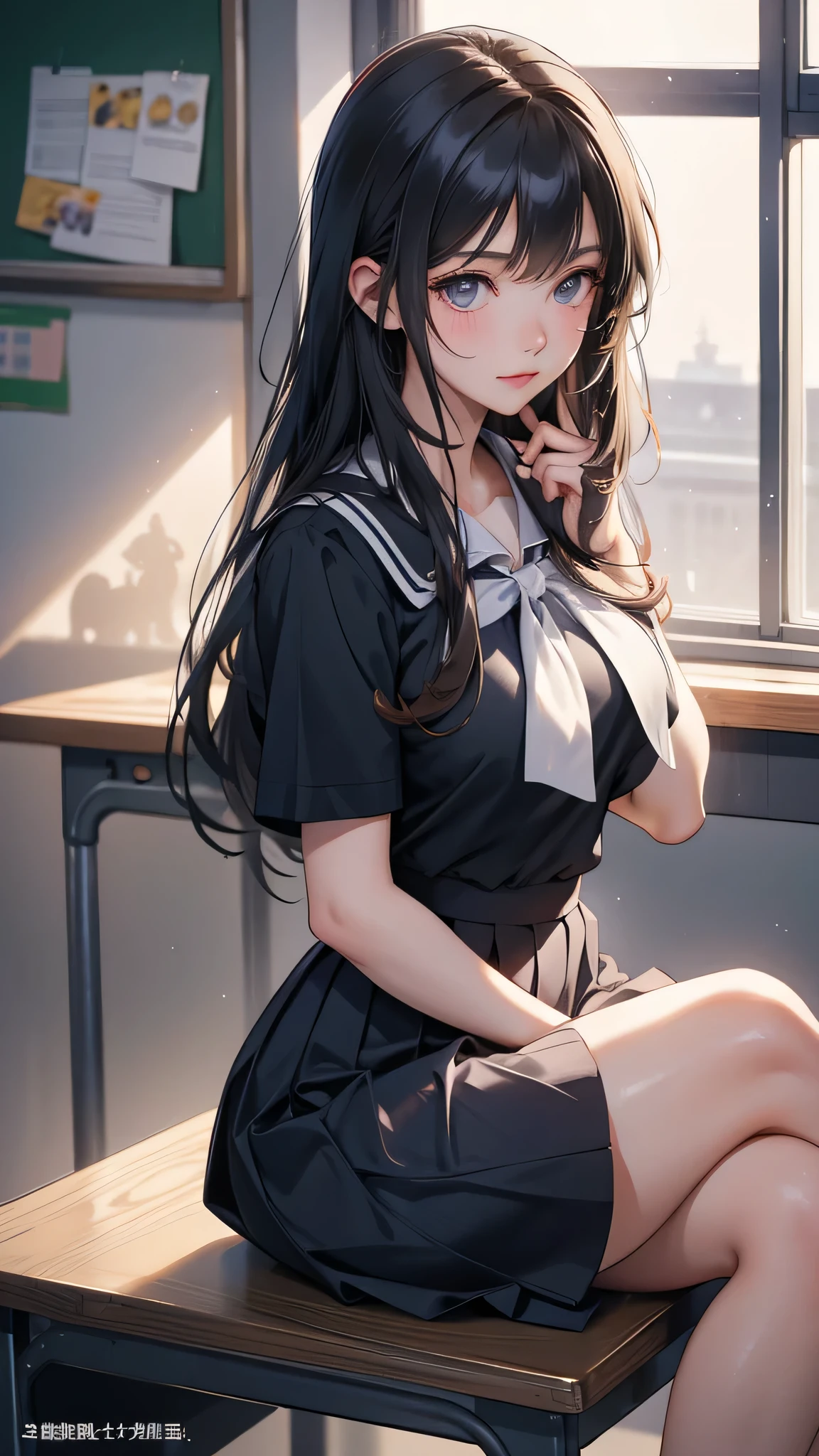 Absurd, Super detailedな,(In 8K:1.3),Masseter muscle area,(masterpiece:1.2)、(Highest quality)、4K、Super detailed、(Movement Structure:1.4)、(Shining Lights、Atmosphere lighting), High resolution, Best Quality、(One girl:1.4),Super detailedな,Bright colors、Treebreak Production Art、(Warm color light source:1.2),High-level image quality、Fine image quality、Intricate details,Volumetric Lighting,Realism BREAK、Profile、 Very beautiful face and eyes, Beautiful images、										
looking side、										
Volumetric lighting、										
Shoot from below Idol face、15 years old、(Baby Face:1.4)、natural make up、big eyes、(Big Tits:1.2)、(Breast bag:1.2)、(glossy skin :1.5),										
(sit:1.2)、School Chair、(to lift up one’s black skirt:1.4)、										
(School classroom:1.2)、										
(black hair、blunt bangs、straight hair:1.2)、										
sailor suit, dark blue collar, white shirts, short sleeve, school, dark blue skirt, black skirt、(Good, highleg panties, highleg, groin)、										
(full face blush:1.2),										
