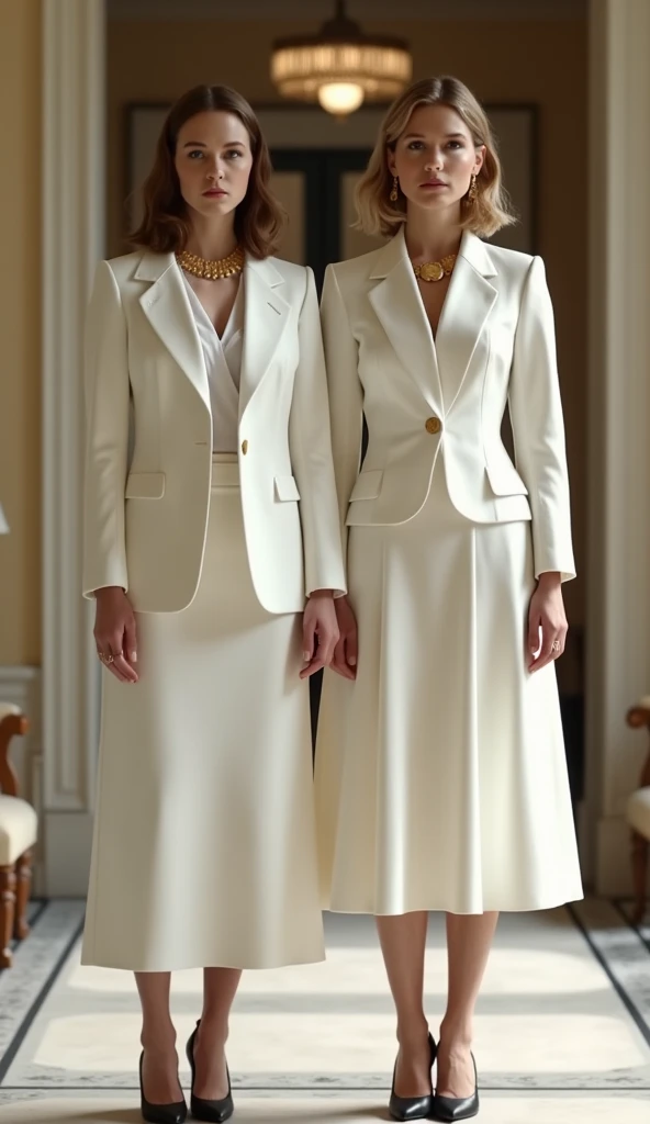 


Front view,  007 movie, 2 female , 1 mother and 18 age daughter , bond girl is  Lea Seydoux,  French woman,  shot cut, golden hair, natural make, gold neckless and earring, standing pose,  white blouse , chic Jacket and middle skirt,  black Hermes Hi-heal , 1 daughter is black hair, shot hair, different face, elegant white dress, in England home,  (super detail, high details, high quality, accurate, anatomically correct, textured skin, beautiful fingers super detail, high details, high quality, best quality)