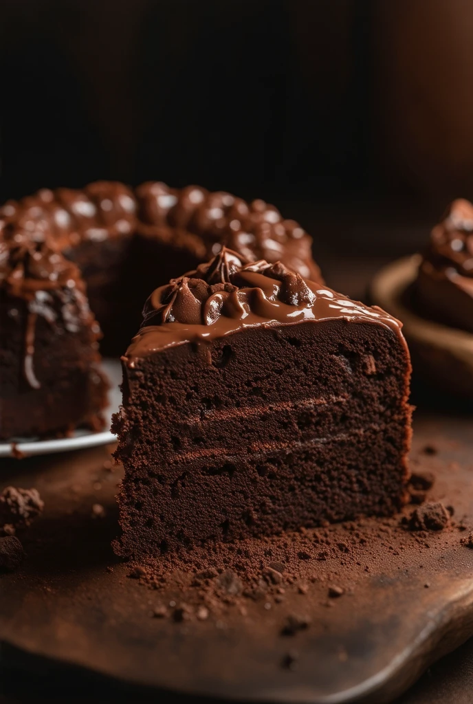  cinematic still-frame chocolate，Chocolate Cake，Dark background， high quality photos ，Wet texture，Frosting，Studio Photos，slice，Shallow depth of field，Vignette，Very detailed，High Budget，Bokeh，Movie widescreen，gloomy，epic，gorgeous，Film Grain，Graininess